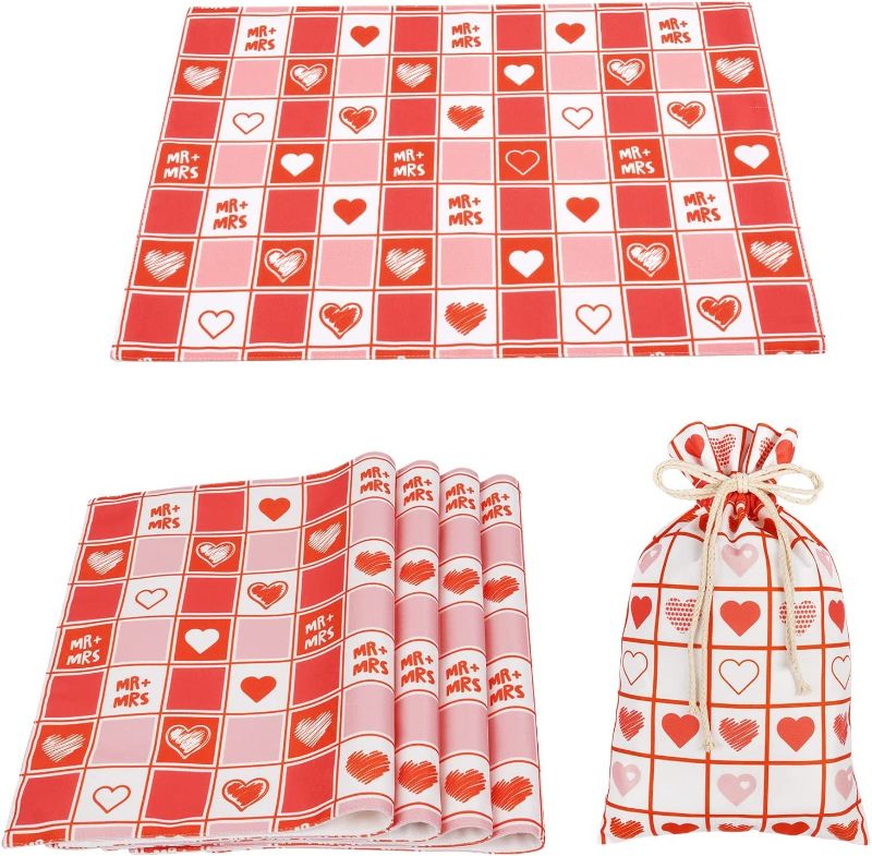 Photo 1 of 4 Pc Heat-Resistant Love Heart Table Mats with Heart Gift Bag, Non-Slip Waterproof Red and White Couple Check Dining Mats for Home Wedding Party, Valentine Table Decor Gift 12 X 18 Inch
