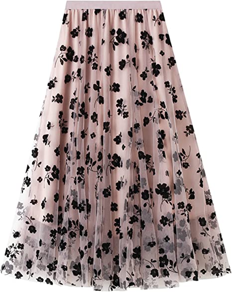 Photo 1 of Dirholl Women's A-Line Fairy Elastic Waist Tulle Midi Skirt Flowers - BROWN -