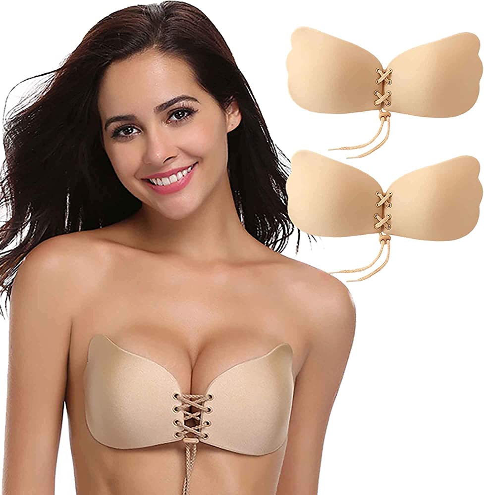 Photo 1 of fagraphix 2 Pack Reusable Push Up Sticky Bra, Invisible Bra Backless Strapless Bra Adhesive Bra Nipple Covers for Women-C (C) Beige