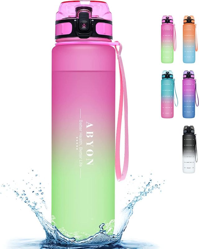 Photo 1 of ABYON 32 oz. Motivational Water Bottle with Straw &Time Markings, Track Intake and Hydration, BPA Free Tritan Plastic, Leak-Resistant Flip Top Drink Spout, Sports and Fitness