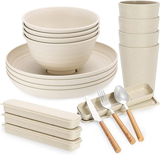 Photo 1 of 28PCS Wheat Straw Dinnerware Sets Stainless Steel Cutlery Adult Set / 4 Large Plates, Bowls, Cups (16oz), 4 Stainless Steel Cutlery Sets / Reusable Reusable, Microwave & Dishwasher Safe