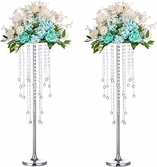 Photo 1 of 29.5 inches Tall Wedding Centerpiece Stand, Elegant Metal Flower Candle Holder with Chandelier Crystal 2-Piece Movable Wedding Road Lead, Used for Wedding Party Event,Birthday,Reception,Home Décor 
