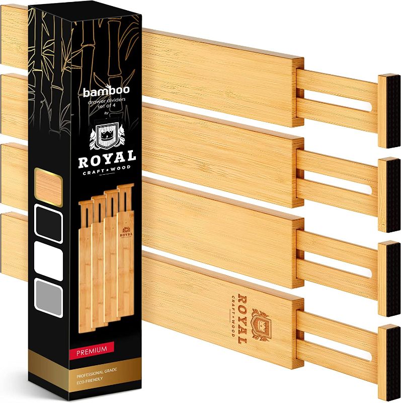 Photo 1 of Adjustable Bamboo Drawer Dividers Organizers - Expandable Drawer Organization Separators For Kitchen, Dresser, Bedroom, Bathroom and Office, 4-Pack (Small (up to 16")) (Natural)
