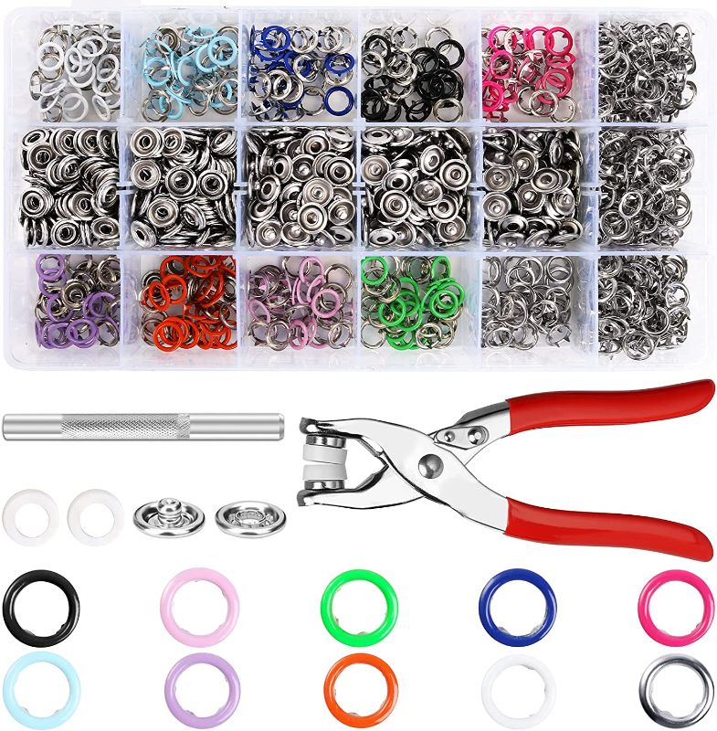 Photo 1 of 150 Sets Snap Button Snap Fastener kit Snaps 9.5mm Metal Snaps Buttons with Fastener Pliers Press Tool Kit Perfect for DIY Crafts Clothes Hats and Sewing(10 Colors)
