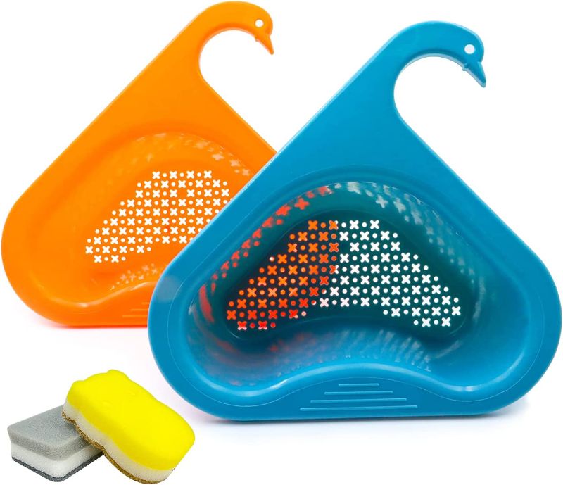 Photo 1 of 2 PCS Swan Drain Basket + 2 PCS Sponge(Random Color), Multifunctional Triangle Sink Strainer, Kitchen Sink Drain Basket, for Storage, Sponge Holder, Junk Filtering Fits Most Kitchen Sinks(Blue+Orange)
