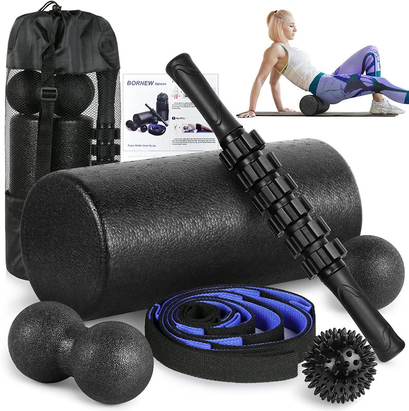 Photo 1 of Foam Roller Set - High Density Back Roller, Muscle Roller Stick,2 Foot Fasciitis Ball, Stretching Strap, Peanut Massage Ball for Whole Body Physical Therapy & Exercise, Back Pain, Leg, Deep Tissue
