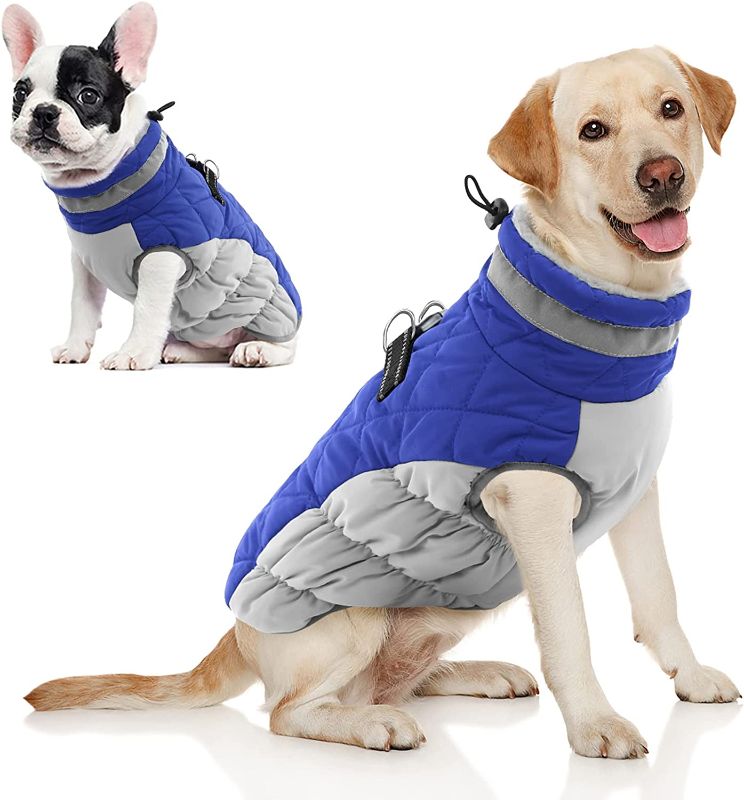 Photo 1 of AOFITEE Winter Dog Coat Warm Fleece Dog Jacket for Cold Weather, Reflective Zip Up Puppy Dog Sport Vest with Leash Rings, Outdoor Pet Sweater Apparel Clothes for Small Medium Large Dogs, Blue XS
