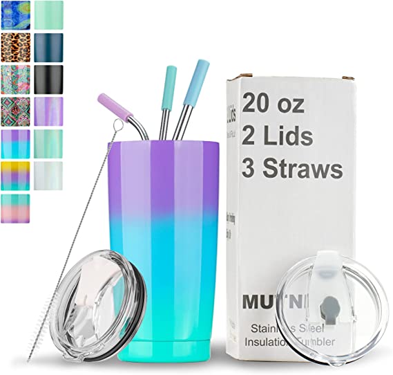 Photo 1 of 20 oz Tumbler with Lids and Straws,Stainless Steel Vacuum Insulated Travel Tumbler,Double Wall Coffee Mug Thermal Cup with Leak-Proof Straw Lid & Flip Lid,3 Metal Straws,1 Cleaning Brush & Box Bundle
