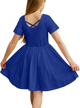 Photo 1 of Arshiner Girls Dress Short Sleeve Solid Cotton Dress A-line Skater Dress - SIZE 12 -