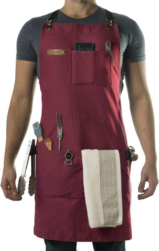 Photo 1 of Asaya Chef Apron for Men and Women + Hand Towel and Bottle Opener - 10oz Canvas (Red)
