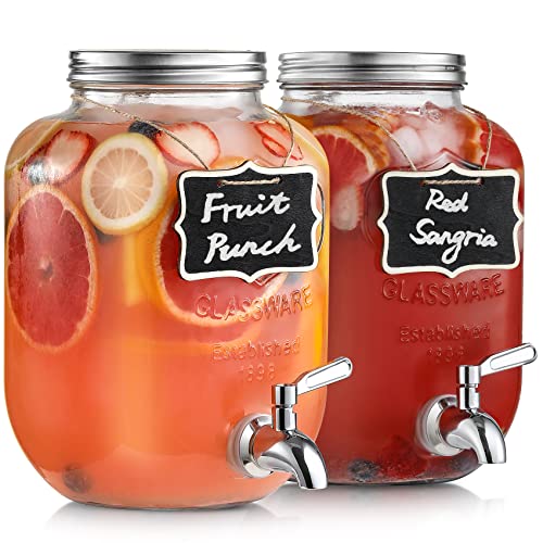 Photo 1 of 
1-Gallon Glass Beverage Drink Dispenser (2 Pack) with 18/8 Stainless Steel Spigot - Wide Mouth Easy Filling - Mason Jar Drink Dispensers with Lids, Wooden Chalkboards - 100% Leakproof