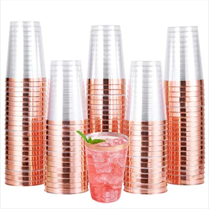 Photo 1 of 100 PACK Rose Gold Plastic Cups,12Oz Clear Plastic Cups Tumblers, Elegant Rose Gold Rimmed Plastic Cups, Disposable Cups WithRose Gold Rim Perfect For Wedding,Thanksgiving Day, Christmas Party Cups