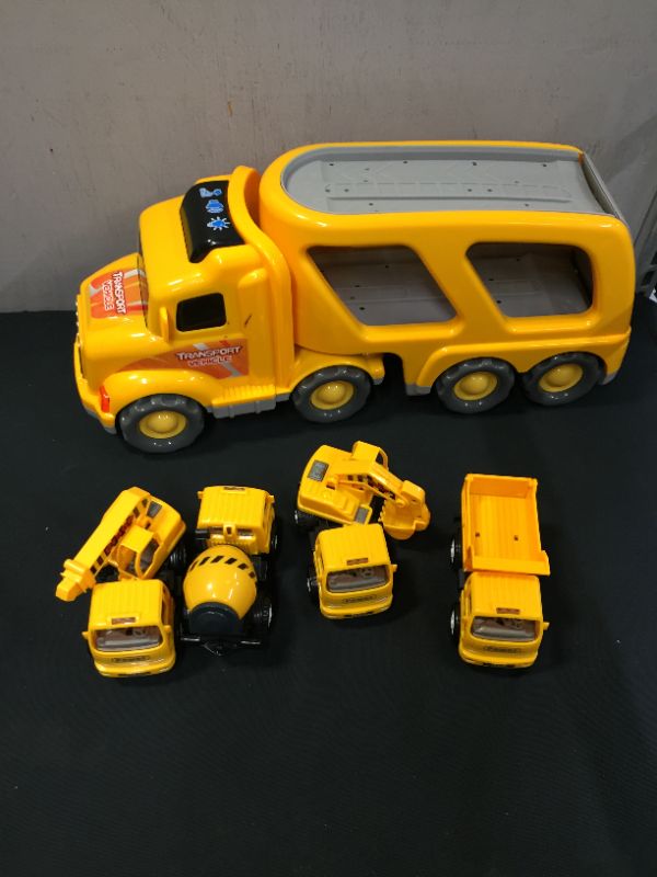 Photo 2 of Construction Vehicles Transport Truck Carrier Toy - with Excavator Mixer Crane Dump, Real Siren Brake Sounds & Lights, Removable Engineering Vehicle Parts, Gift for Kids Boys Girls
