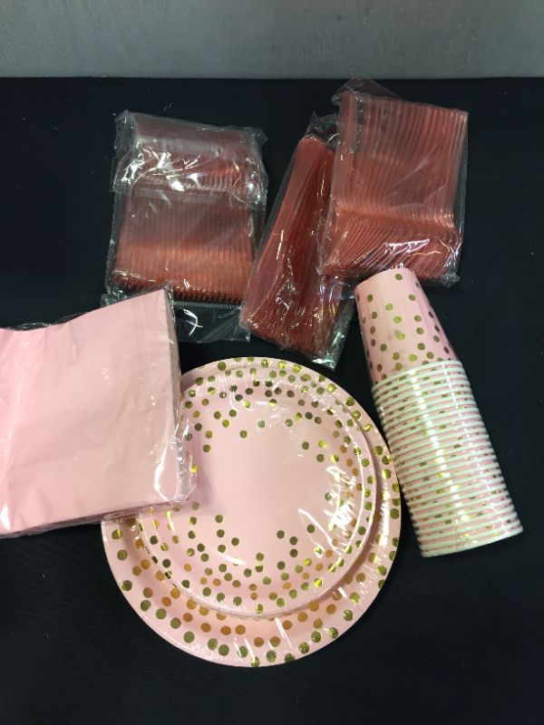 Photo 1 of 175PCS Pink and Rose Gold Glitter Party Supplies, Severs 25 Disposable Party Dinnerware, Plastic Forks Knives Spoons, Golden Dot Paper Plates, Napkins Cups for Baby Shower, Birthday, Wedding
