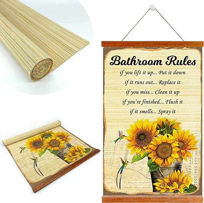 Photo 1 of Bathroom Rules Sign, Funny Wall Decor | Sunflower Hummingbird Farmhouse Vintage Letter Toilet Decorations Restroom, Family Rules | Framed Bamboo Blinds | Vintage Bamboo Scroll for Home Decor
