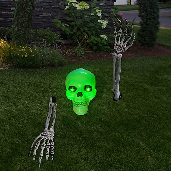 Photo 1 of 3 Pcs LED Halloween Skeleton Decoration Stakes, Glowing Skull Head with LED Lights, Life Size Halloween Skeleton Hands Arms, Luminous Outdoor Decor for Graveyard Lawn Garden Yard Haunted House
