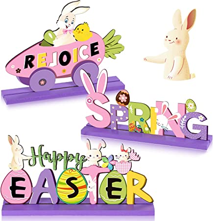 Photo 1 of 3 Happy Easter's Table Decorations Signs Hello Spring Sign Happy Egg Hunt Table Centerpieces Bunny Rejoice Sign Wooden Easter Party Decorations Table Ornament for Easter Party Favors Tiered Tray Home
