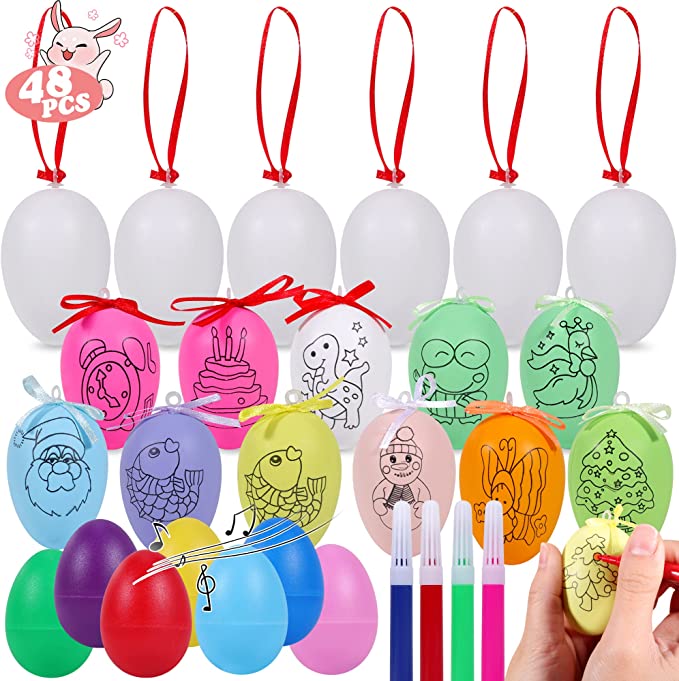 Photo 1 of 48PCs Easter Egg Set-18PCs Musical Egg Shakers, 18PCs Colorful Hanging Eggs with Preprinted Drawings, 18PCS Hanging White Eggs, 48 sets of DIY Painting Markers Easter Decorations Party Favors
