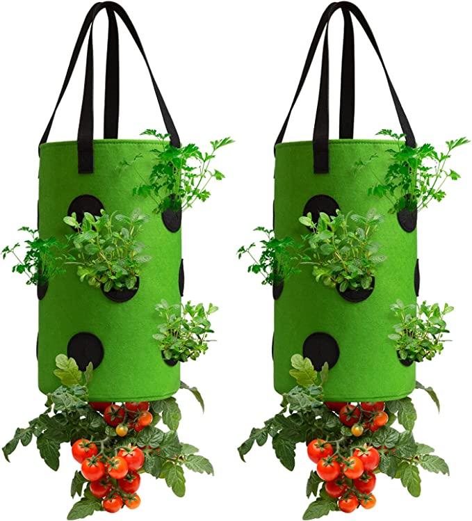 Photo 1 of 2 Pack Green Upside Down Tomato & Herb Planter, Outdoor Hanging Durable Aeration Fabric Strawberry Planter Bags
