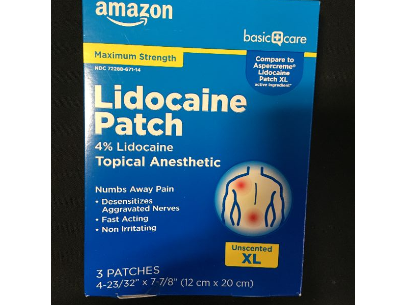 Photo 2 of Amazon Basic Care Lidocaine Patch, 4% Topical Anesthetic, 12 cm x 20 cm, Maximum Strength Pain Relief Patch, Fragrance Free, 3 Count
