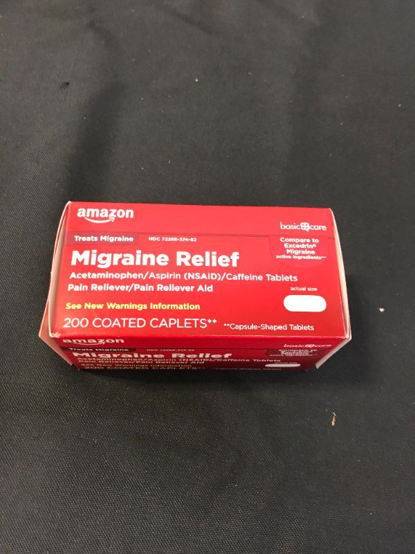 Photo 2 of Amazon Basic Care Migraine Relief, Acetaminophen, Aspirin (NSAID) and Caffeine Tablets, 200 Count ---- EXP 03/23
