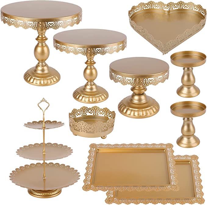 Photo 1 of ZOOFOX 10 Pieces Cake Stands, Metal Cupcake Stand with Multiple Combination Styles, Dessert Plate Cake Serving Tray Fruit Candy Display Tower for Wedding, Birthday, Baby Shower, Tea Party ( Gold )
