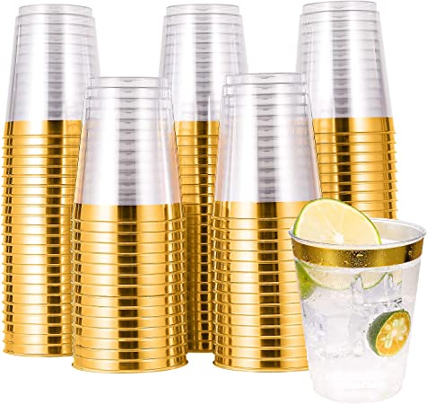 Photo 1 of 100 PACK Gold Plastic Cups,10 Oz Clear Plastic Cups Tumblers, Elegant Gold Rimmed Plastic Cups, Disposable Cups With Gold Rim Perfect For Wedding,Thanksgiving Day, Christmas,Halloween Party Cups
