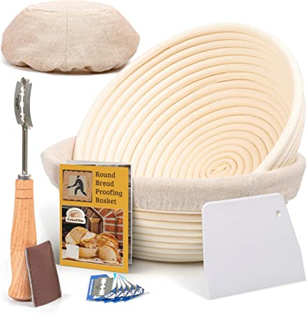 Photo 1 of 9 Inch Bread Banneton Proofing Basket Round with Liner Cloth– Set of 2 + Premium Bread Lame and Slashing Scraper, the ideal Baking Bowl for Sourdough and Yeast Bread Dough
