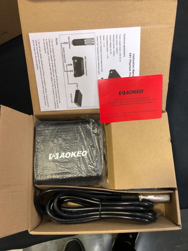 Photo 2 of Aokeo 48V Phantom Power Supply Powered by USB Plug in, Included with 8 feet USB Cable, Bonus + XLR 3 Pin Microphone Cable for Any Condenser Microphone Music Recording Equipment