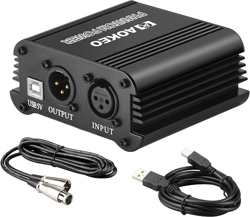 Photo 1 of Aokeo 48V Phantom Power Supply Powered by USB Plug in, Included with 8 feet USB Cable, Bonus + XLR 3 Pin Microphone Cable for Any Condenser Microphone Music Recording Equipment