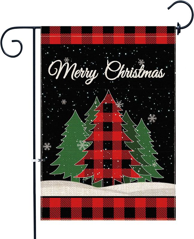 Photo 1 of Christmas Tree Garden Flag 12 X 18 Inch Double Sided Small Winter Garden Flag Red Buffalo Plaid Merry Christmas Banner Decorative Yard Flag Burlap Seasonal Cute Holiday Flag for Outside (POLE NOT INCLUDED) 