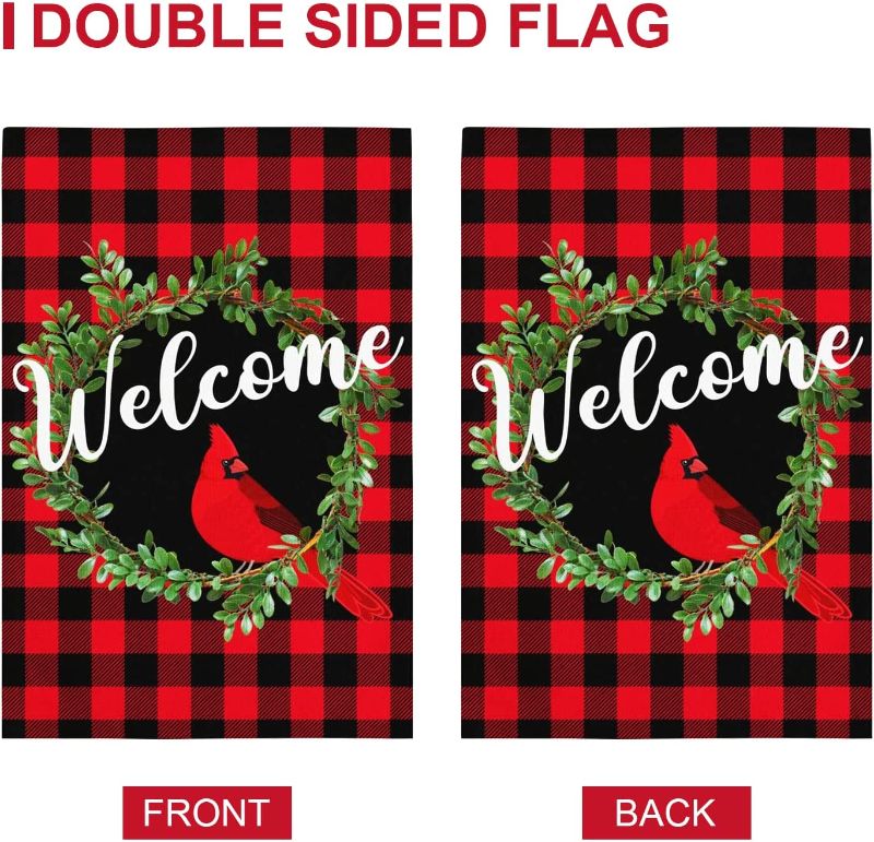 Photo 2 of Cardinal Christmas Garden Flags for Outside 12x18 Inch, Christmas Wreath Welcome Garden Flag Burlap Vertical Buffalo Plaid Christmas Garden Flag Double Sided, Rustic Xmas Flag Holiday Yard Decor Flag