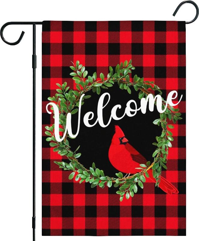 Photo 1 of Cardinal Christmas Garden Flags for Outside 12x18 Inch, Christmas Wreath Welcome Garden Flag Burlap Vertical Buffalo Plaid Christmas Garden Flag Double Sided, Rustic Xmas Flag Holiday Yard Decor Flag