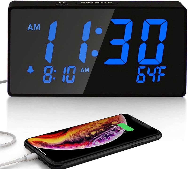 Photo 1 of BOCTOP Desk Digital Alarm Clock for Bedroom, Blue 6" LED Display, with USB Port for Charging, 0-100% Brightness Dimmer, Temperature, Snooze , Adjustable Alarm Volume?Small Bedside Clocks.
