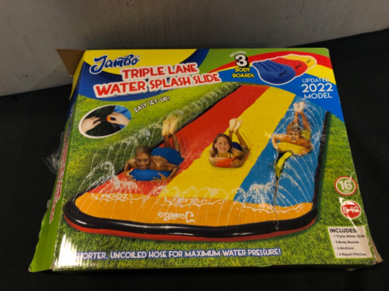 Photo 1 of JAMBO Triple Lane Slip, Splash and Slide (Newest Model) Slip and Slide for Backyards with 3 Boogie Boards | Water Slide Waterslide | 16' Foot 3 Racing Lanes with Sprinklers | Backyard Water Toys Slide
