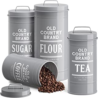 Photo 1 of Barnyard Designs Canister Sets for Kitchen Counter Vintage Kitchen Canisters, Country Rustic Farmhouse Decor for the Kitchen, Coffee Tea Sugar Flour Farmhouse Kitchen Decor, Metal, Light Grey Set of 4
