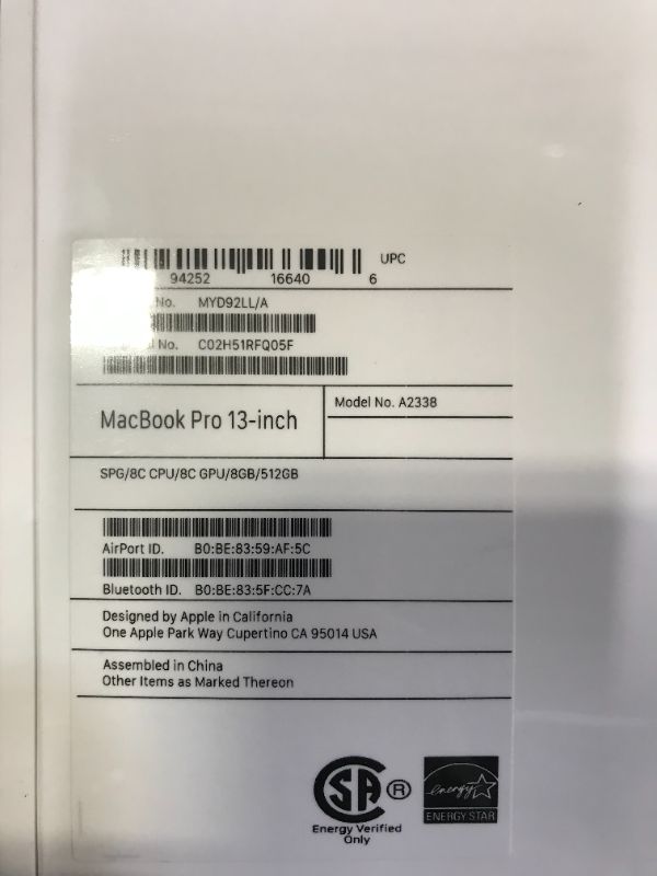 Photo 3 of 2020 Apple MacBook Pro with Apple M1 Chip (13-inch, 8GB RAM, 512GB SSD Storage) - Space Gray (FACTORY SEALED)
