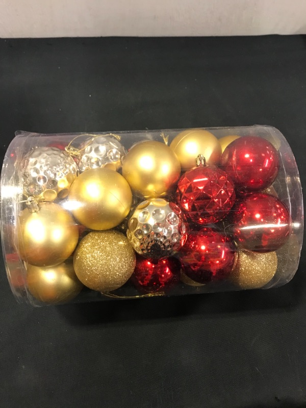 Photo 2 of SLK Christmas Ball Ornaments Shatterproof, Xmas Hanging Tree Decorations Plastic Balls, 24 Count Pre-Strung Packed Small Balls for Tabletop Tree Decorations 60mm/2.36" 24 pcs Red Gold