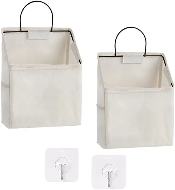 Photo 1 of 2 Pack Wall Hanging Storage Bag with Sticky Hook,Closet Hanging Storage for Pocket,Bathroom Dormitory Organizer Bag,Linen Cotton Organizer Box Containers for Bedroom(White)
