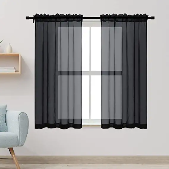 Photo 1 of Black Curtains 48 Inch Length for Bedroom 2 Panels Set,Rod Pocket Lace Sheer Small Window Curtains for Living Room Kitchen Bathroom Short Coverings 36x48 Inches Long
