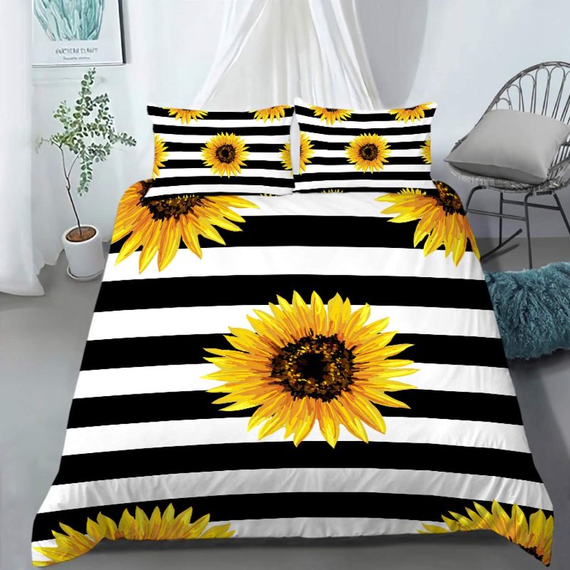 Photo 1 of AILONEN Sunflower Bedding Set King Size, Black and White Striped Flower Duvet Cover Set,Superior Yellow Flower Bed Cover Set,Printed Stripe Comforter Cover,Pillow Case,Microfiber Fabric,No Comforter
