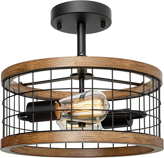 Photo 1 of 2-Light Farmhouse Semi Flush Mount Ceiling Light Fixture, Rustic Drum Wood Ceiling Lamp for Hallway Kitchen Entryway Foyer Bedroom Laundry Room, Nature Wood Texture and Black Metal Fence Finish
