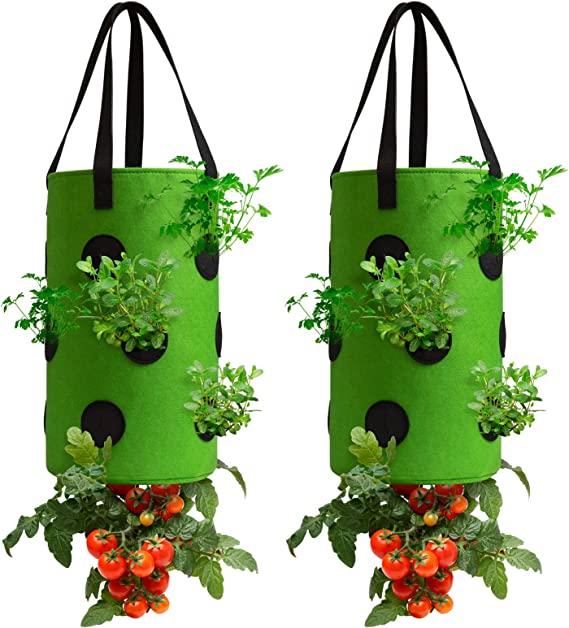 Photo 1 of 2 Pack Green Upside Down Tomato & Herb Planter, Outdoor Hanging Durable Aeration Fabric Strawberry Planter Bags
