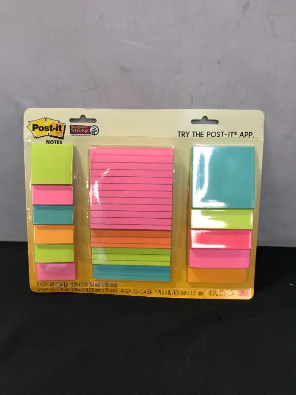 Photo 2 of Post-it Super Sticky Notes, Assorted Sizes, 15 Pads, 2x the Sticking Power, Miami Collection, Neon Colors (Orange, Pink, Blue, Green), Recyclable (4423-15SSMIA)
