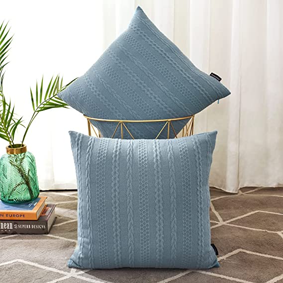 Photo 1 of Booque Valley Pack of 2 Decorative Throw Pillow Covers, Ultra Soft Modern Braid Patterned Square Blue Cushion Covers Stretchy Pillow Cases for Sofa Couch Bedroom(20 x 20 inch, Grey Blue)
