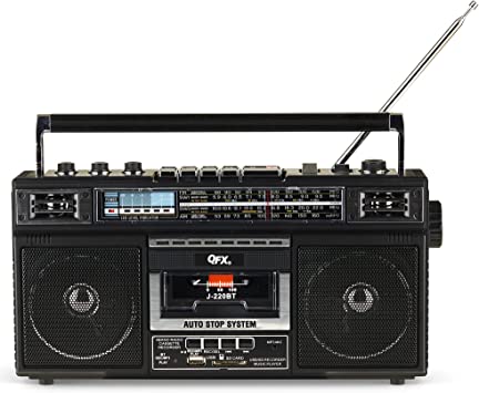 Photo 1 of QFX J-220BT ReRun X Cassette Player/Recorder Boombox 4-Band (AM, FM, SW1, SW2) Bluetooth Portable Recording Boombox with Dual 3” Speakers, Built-in Microphone, 3-Band Equalizer
