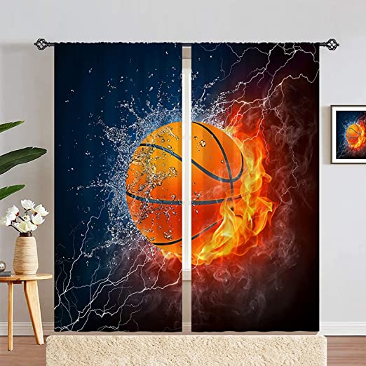 Photo 1 of ANHOPE Boys Basketball Curtains Kids Sports Theme Window Drapes with Fire Ball Water Flame Splashing Thunder Lightning Print Pattern Rod Pocket Curtains for Bedroom Living Room, 2 Panels, 42 x 84 INCH 
