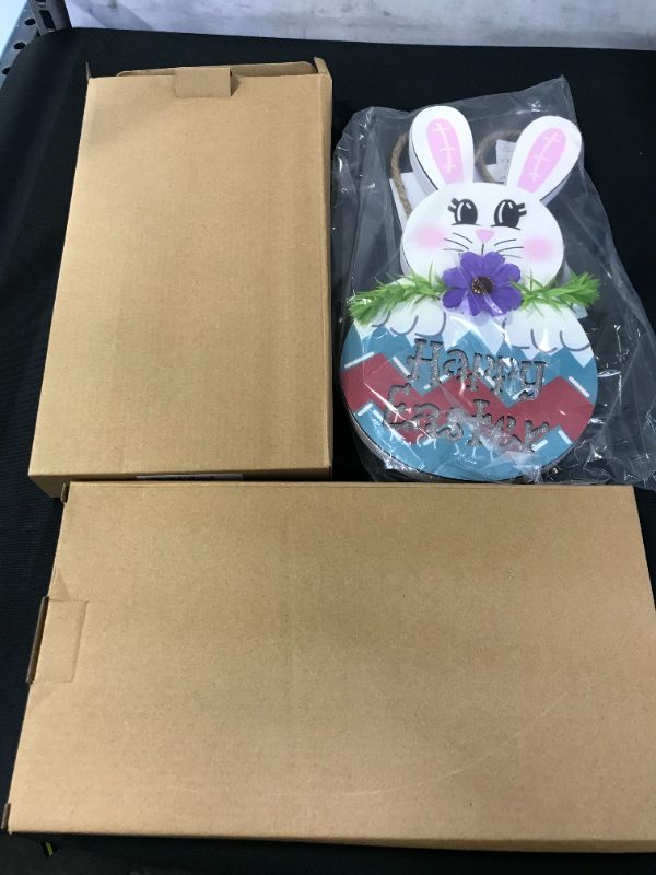 Photo 2 of FastDeng Lighted Easter Bunny Wooden Door Sign with Timer, 12*6 Inch Cute Rabbit Happy Easter Sign Decor for Front Door with LED Warm Lights, Battery Powered Wall Hanging Plaque Decor for the Home --- 2 PACK 