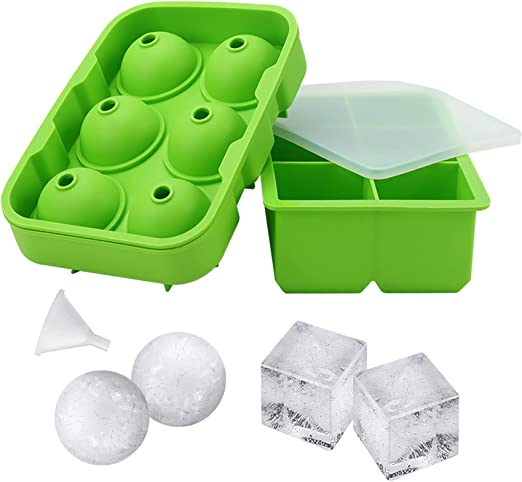 Photo 1 of Wrooc Ice Cube Trays with Lid Silicone Set of 2, Sphere Ice Ball Maker and Square Ice Cube Molds for Whiskey, Reusable and BPA Free (Ice Cube Trays Silicone Set of 2) (green)
