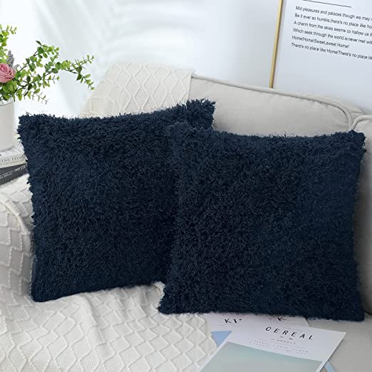 Photo 1 of  Fluffy Decorative Throw Pillow Covers 18x18 Inch, Set of 2 Luxury Faux Fur Pillow Covers, Plush Soft Couch Pillow Covers for Living Room, Navy Blue
